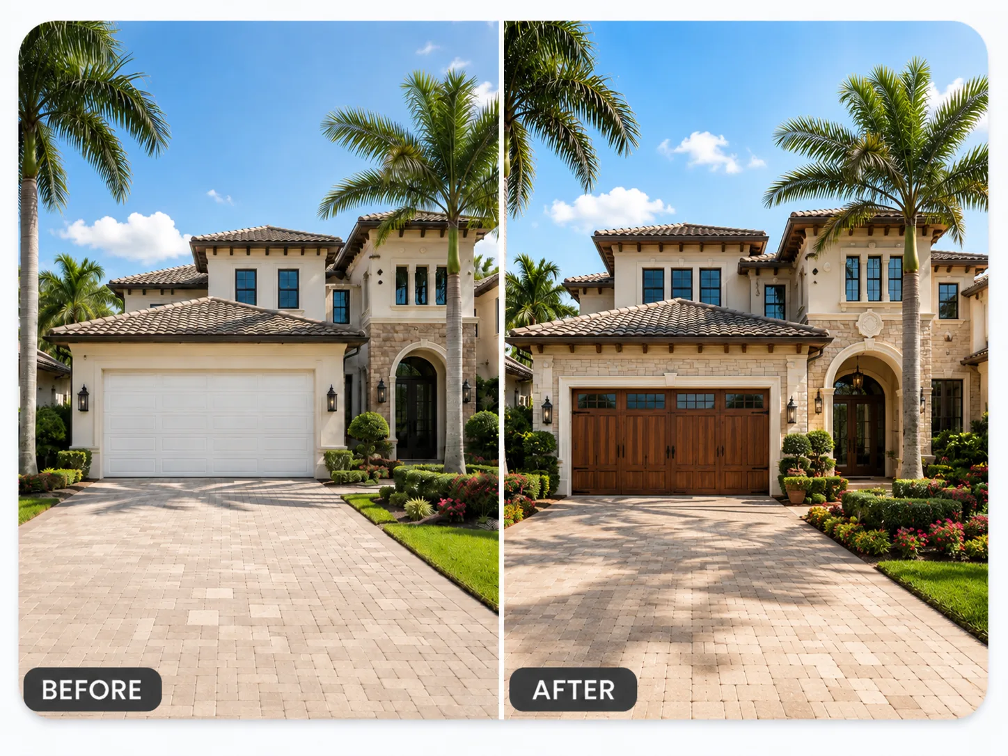 Before and after AI mockup showing a home with an old garage door and the same home with a new hurricane-rated door