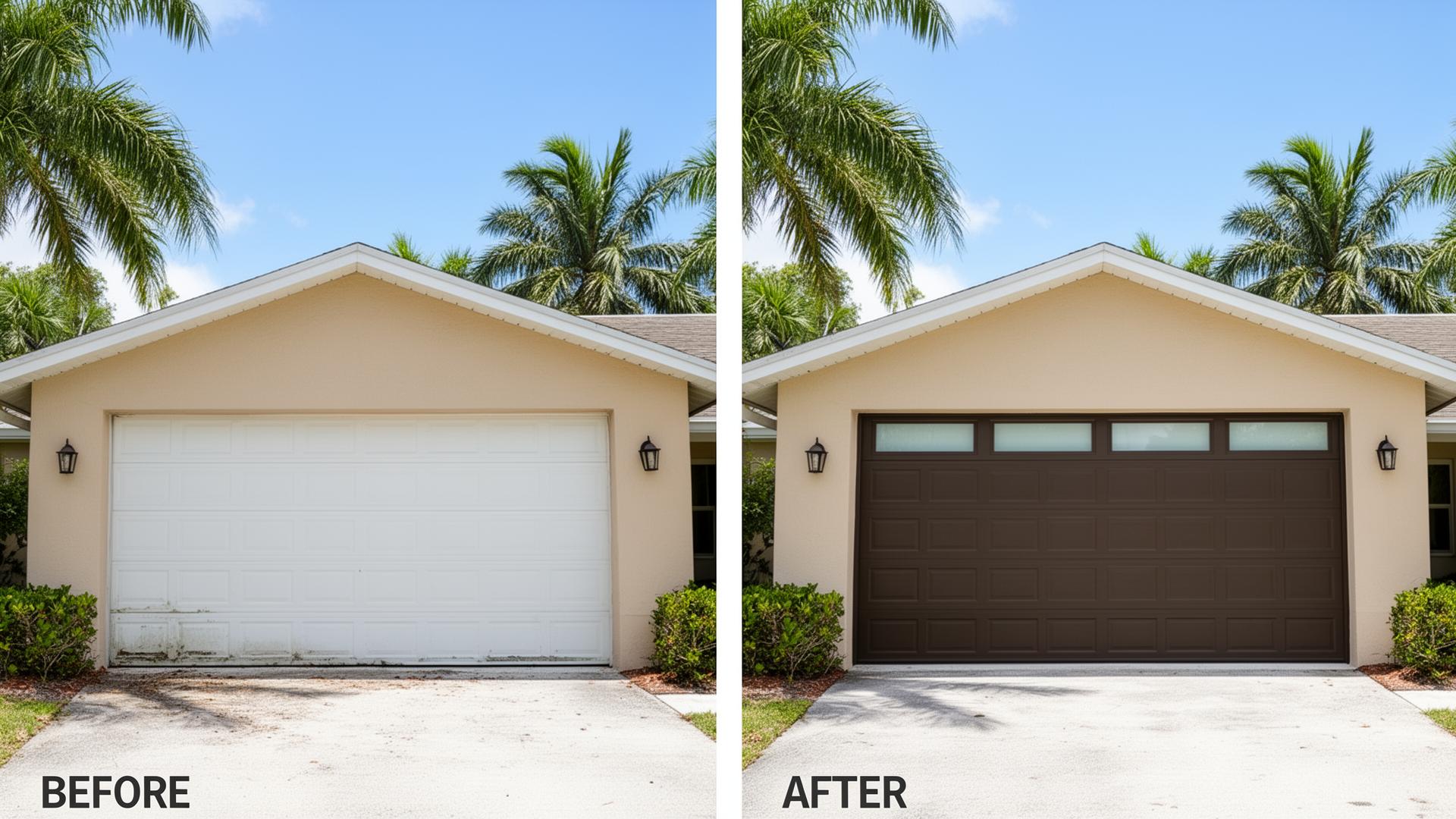 Before and after AI mockup showing a home with an old garage door and the same home with a new hurricane-rated door
