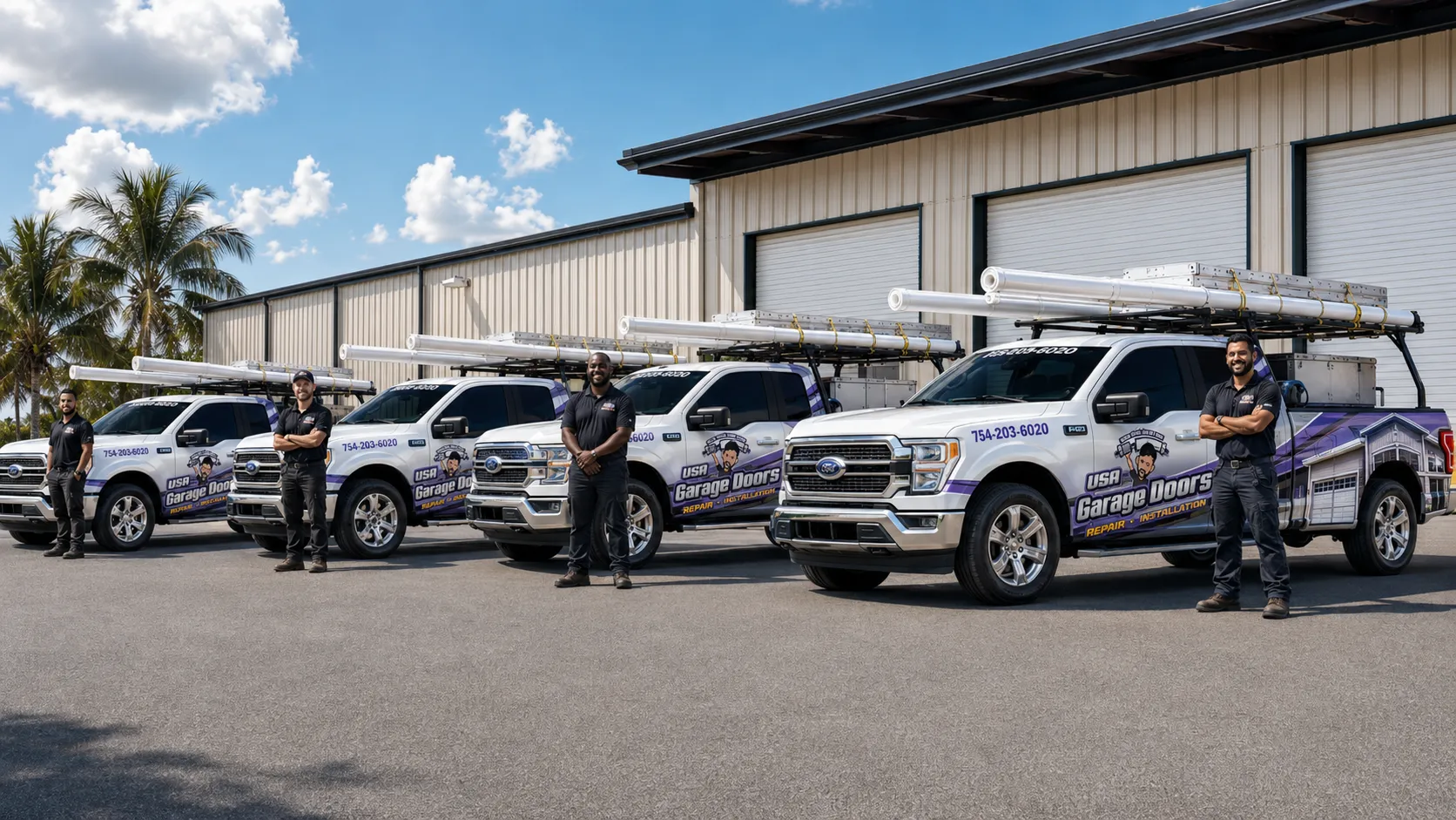 Garage Doors USA fleet of service trucks serving Delray Beach and Palm Beach County