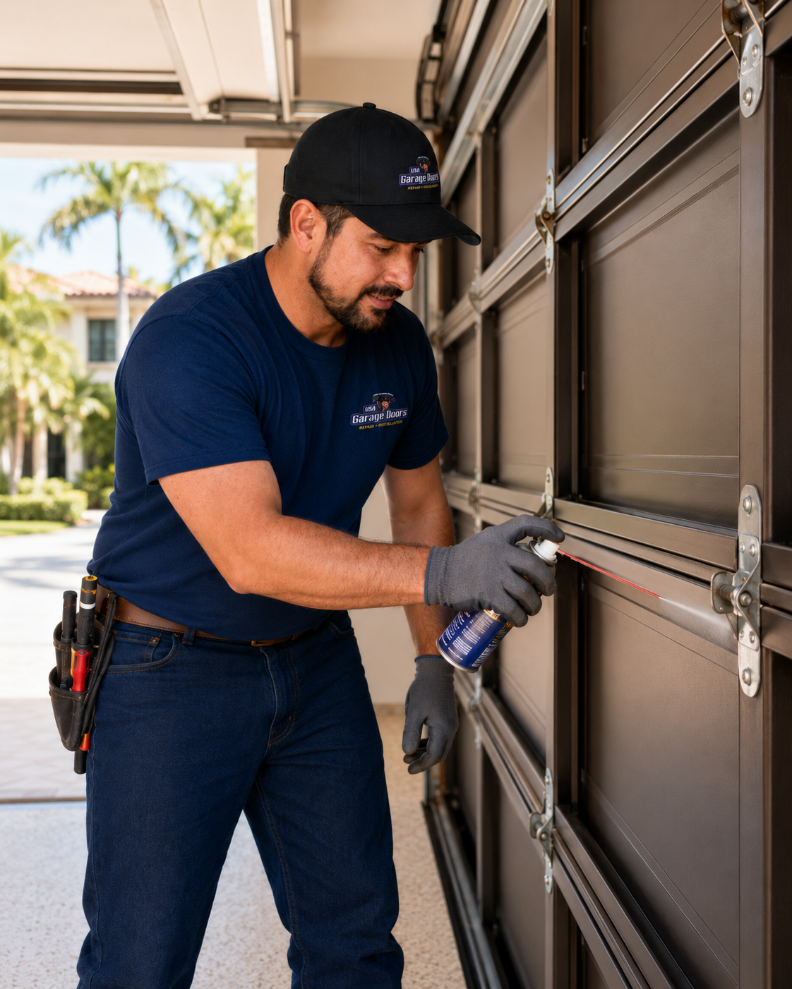 Garage Doors USA technician performing preventive maintenance and lubrication on a residential garage door in South Florida