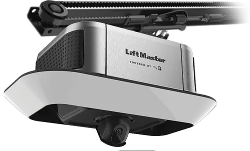 Belt-drive garage door opener mounted on a residential garage ceiling