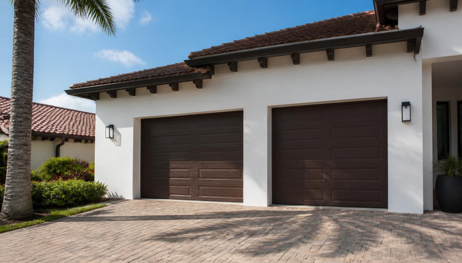 Wide two-car insulated garage door on a South Florida home