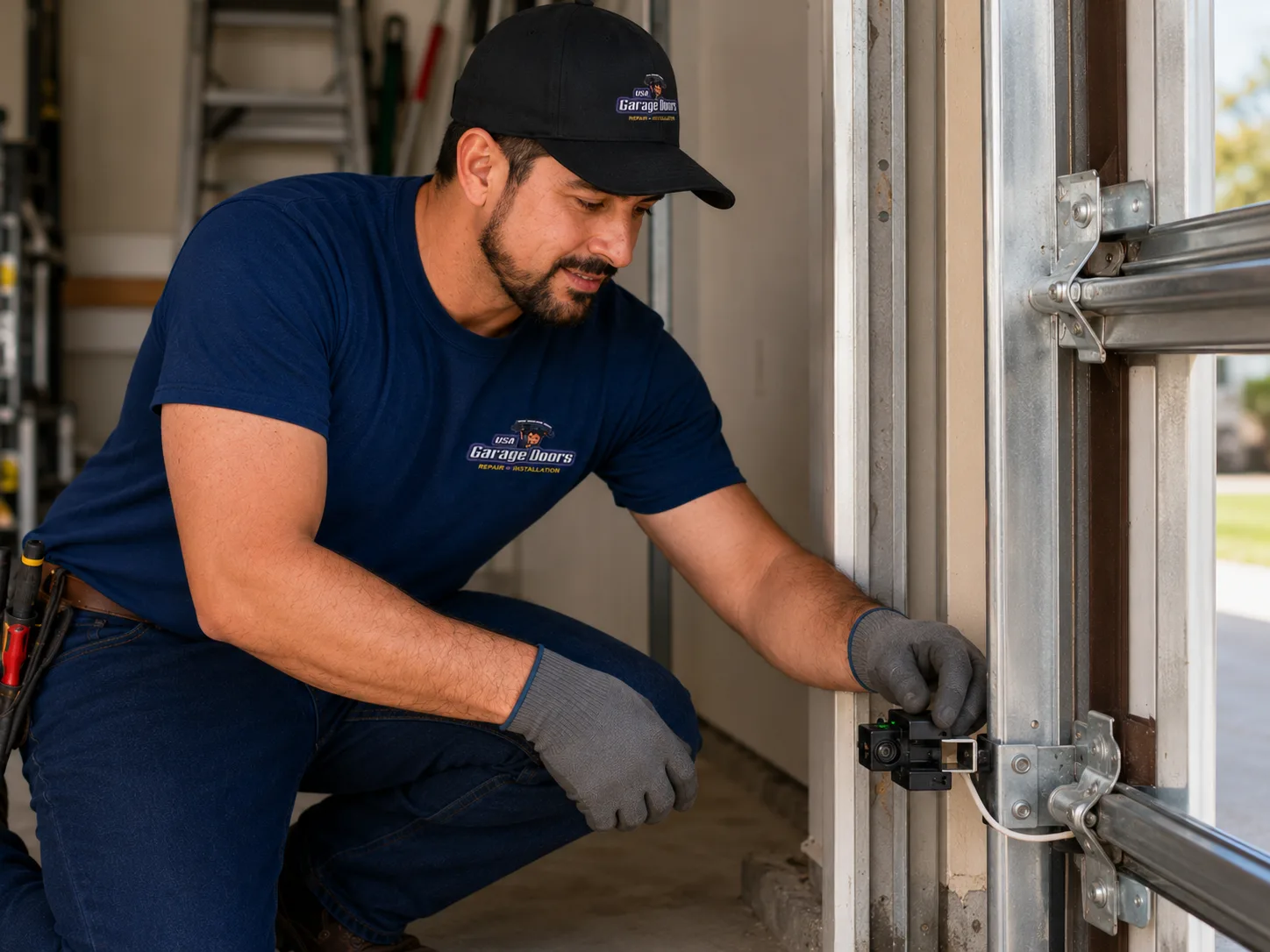USA Garage Doors technician aligning a misaligned garage door safety sensor (photo eye) at the base of the track